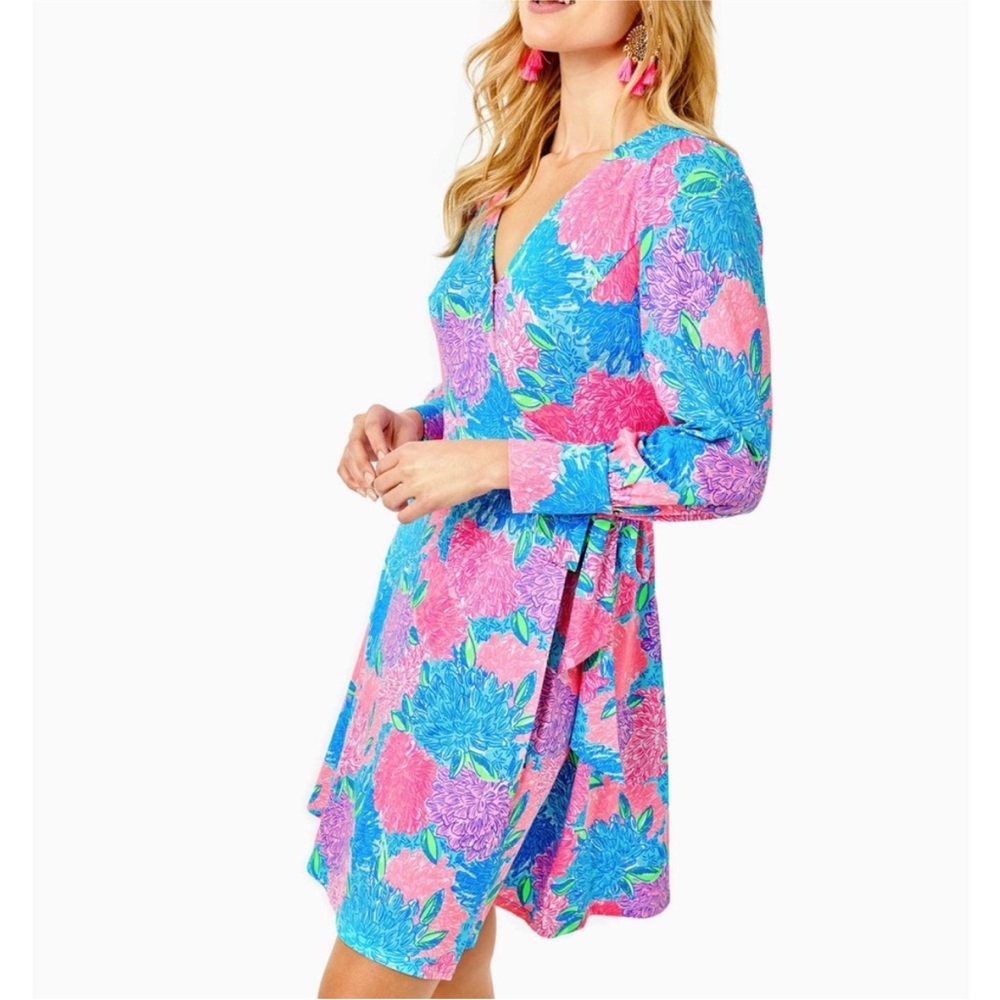 Floral V-Neck Wrap Dress - Blue and Pink